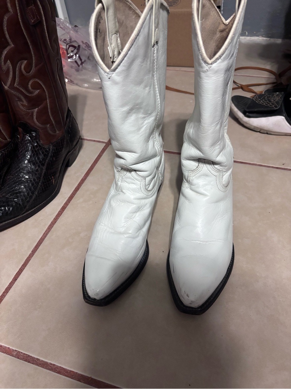 Women's White Leather Cowboy Heeled Boots